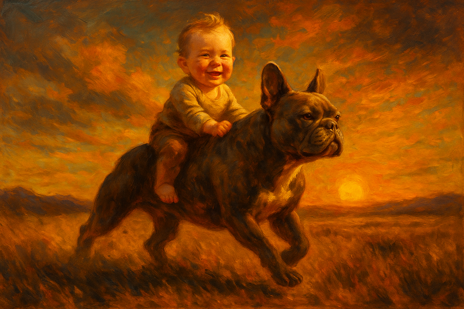 Ölgemälde einer Bulldogge mit kleinem Reiter in der Prärie bei Sonnenuntergang.